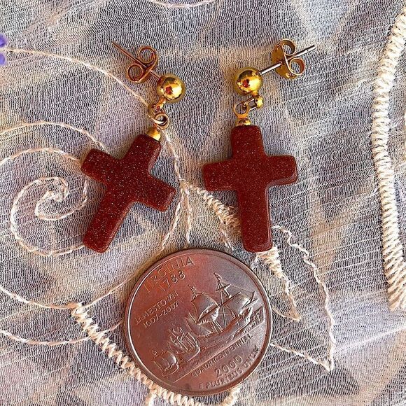 Lovely Genuine Goldstone Cross Earrings - Picture 5 of 5